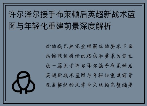 许尔泽尔接手布莱顿后英超新战术蓝图与年轻化重建前景深度解析